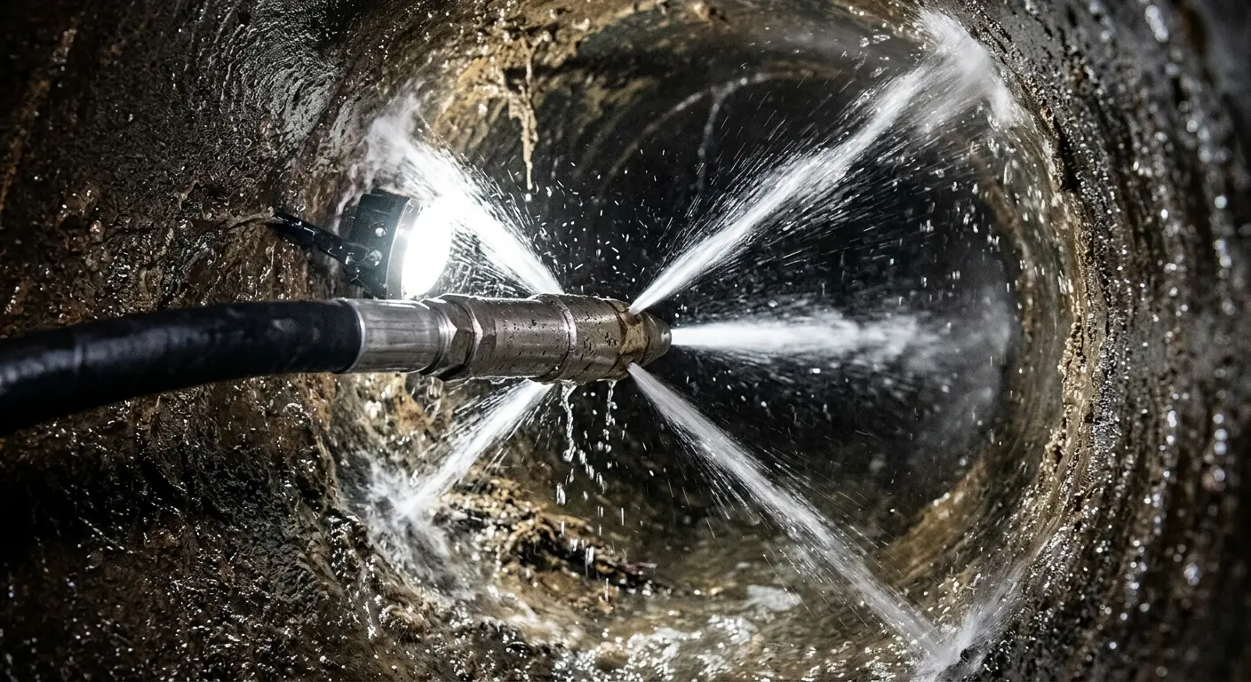 High-pressure hydro jetting nozzle cleaning sewer pipe for Sewer Cleanout in West Haverstraw