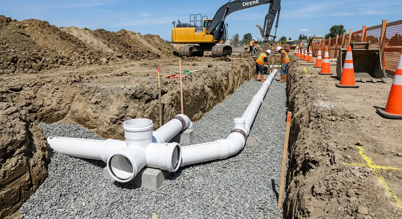 New PVC sewer pipe installation in open trench for Sewer Backup in West Haverstraw