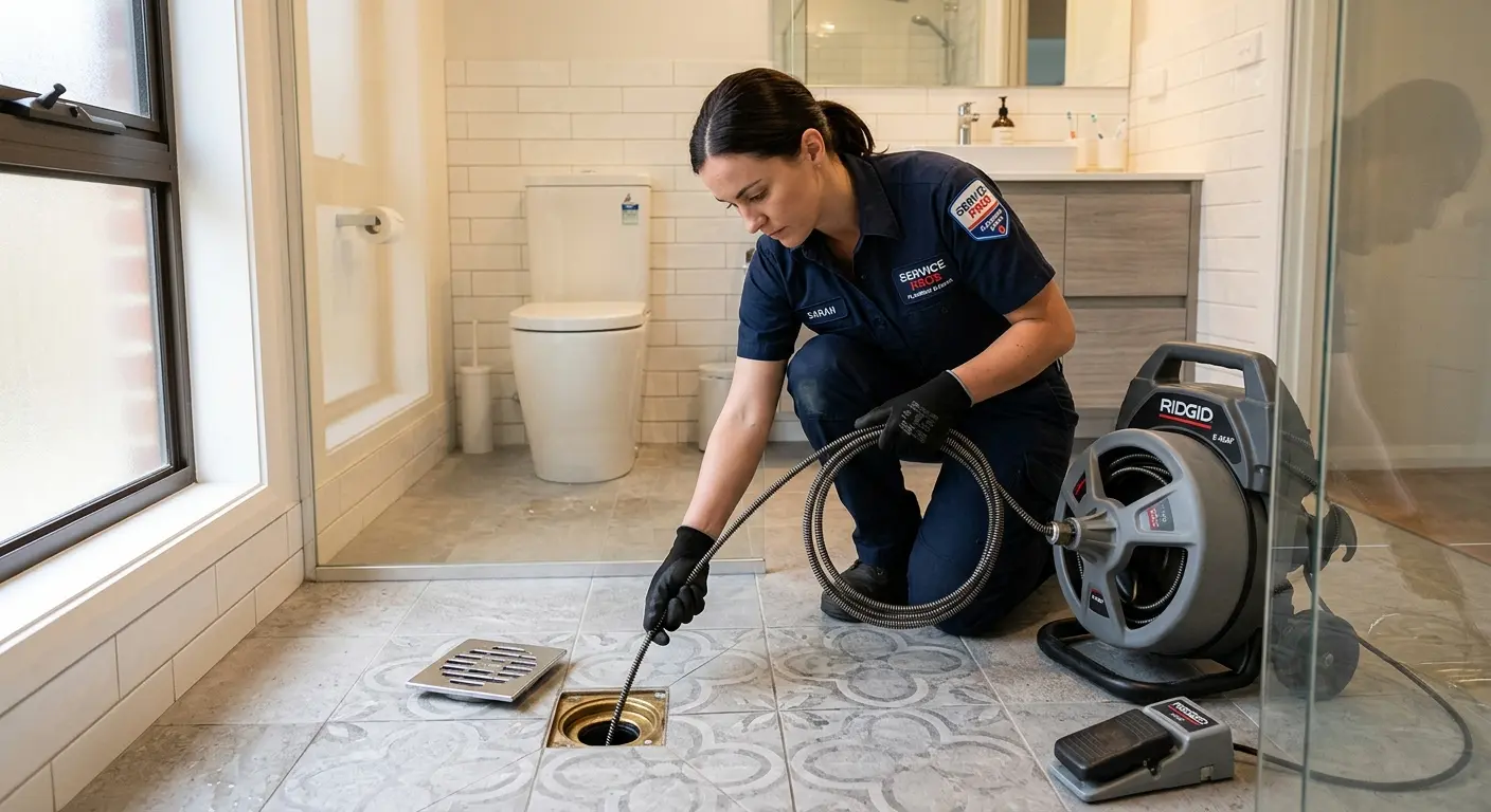 Technician clearing a bathroom floor drain for Hydro Jetting in West Haverstraw